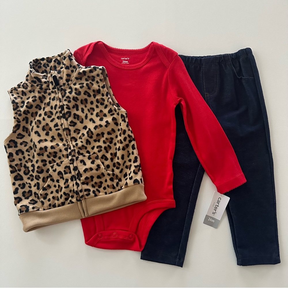 Carter’s 24 Months Baby Girl Fleece Zip Vest Bodysuit Pants Set Outfit NWT